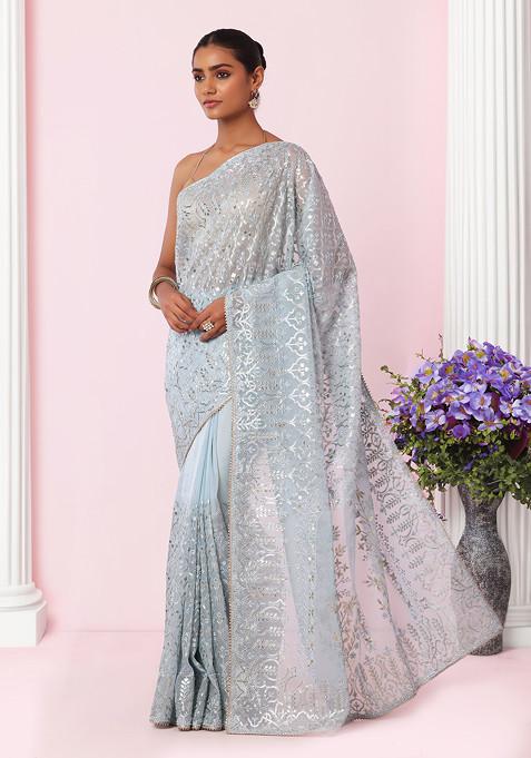 Pastel Blue Thread And Gota Patti Embellished Organza Saree With Blouse
