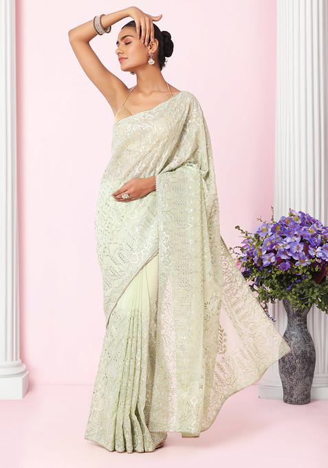 Pastel Green Thread And Gota Patti Embellished Organza Saree With Blouse
