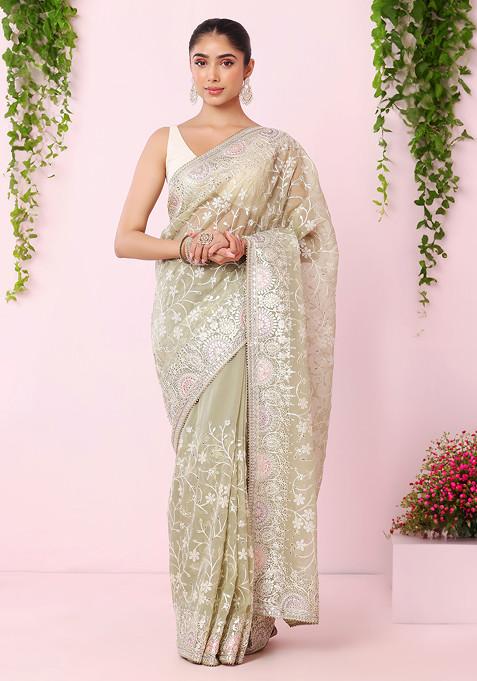 Pista Green Floral Thread And Zari Embroidered Organza Saree With Blouse