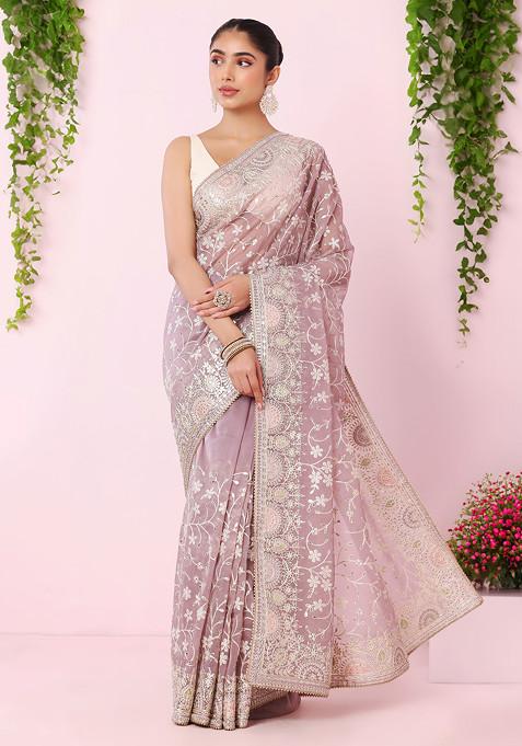 Lavender Floral Thread And Zari Embroidered Organza Saree With Blouse