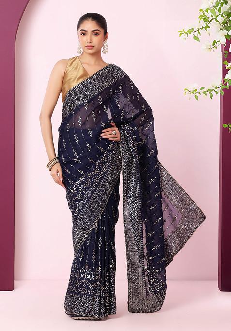 Navy Blue Zari And Sequin Floral Geometric Embroidered Saree With Blouse