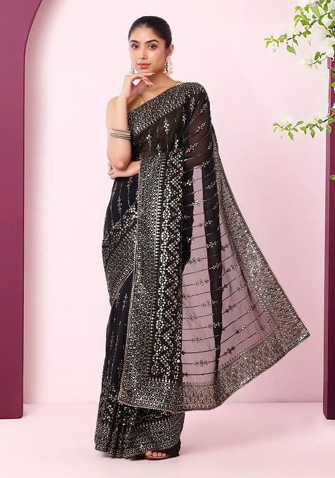 Black Zari And Sequin Floral Geometric Embroidered Saree With Blouse