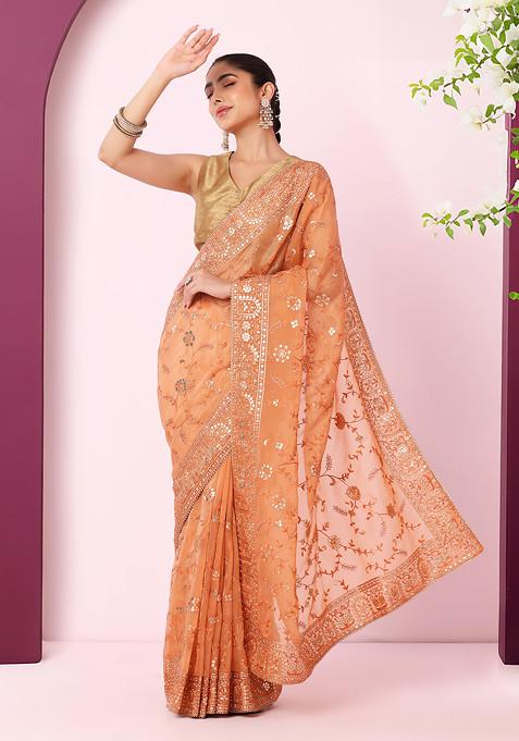 Peach Floral Thread And Sequin Embroidered Organza Saree With Blouse
