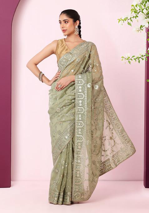 Pista Green Floral Thread And Sequin Embroidered Organza Saree With Blouse