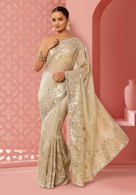 Pastel Green Floral Boota Thread And Mirror Embroidered Saree With Blouse