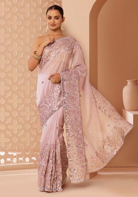 Mauve Floral Boota Thread And Mirror Embroidered Saree With Blouse