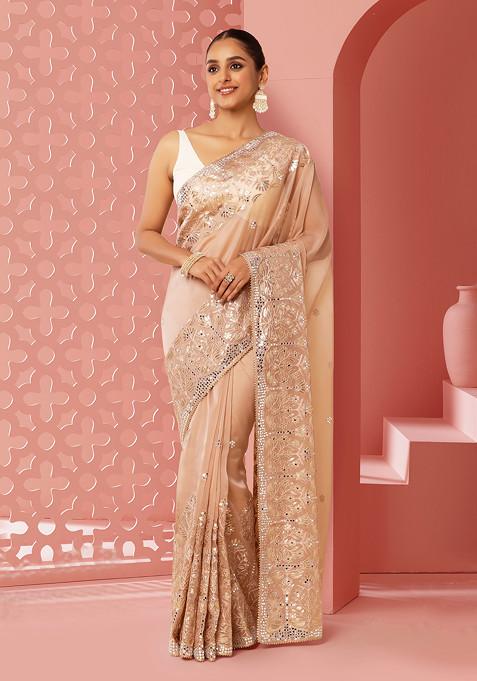 Old Rose Floral Boota Thread And Mirror Embroidered Saree With Blouse