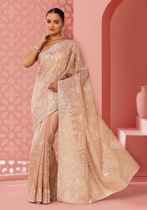 Rusty Rose Tonal Thread And Mirror Floral Embroidered Saree With Blouse