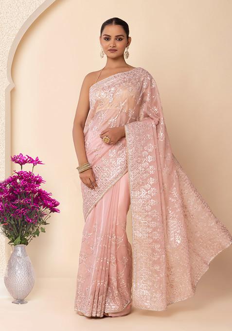 Pastel Pink Tonal Thread And Mirror Floral Embroidered Saree With Blouse