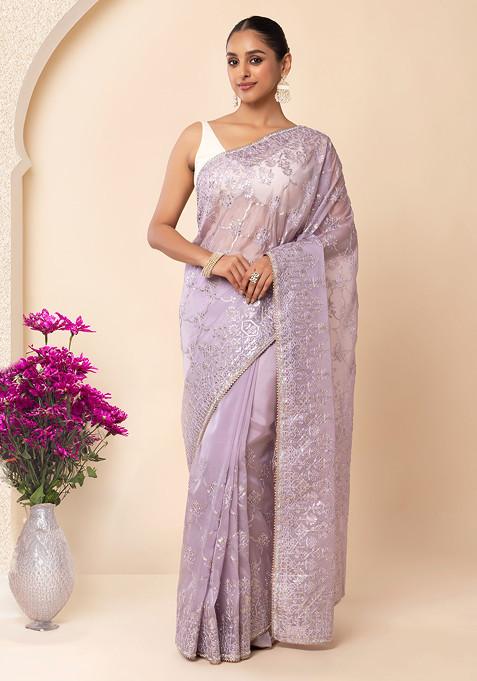 Mauve Tonal Thread And Swarovski Floral Embroidered Saree With Blouse