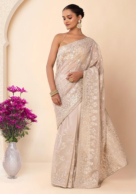 Beige Tonal Thread And Swarovski Floral Embroidered Saree With Blouse