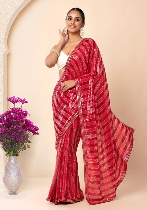 Red Horizontal Sequin Embroidered Saree With Blouse