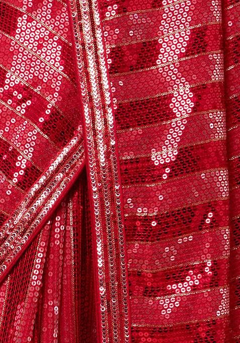 Satin Red Saree with Sequin Laces & Self Blouse Fabric