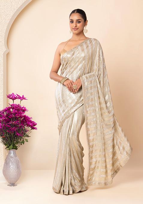Olive Green Horizontal Sequin Embroidered Saree With Blouse