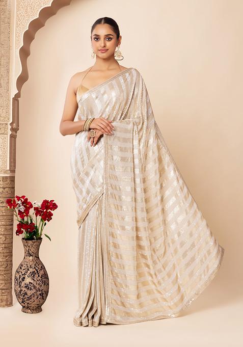Light Grey Horizontal Sequin Embroidered Saree With Blouse