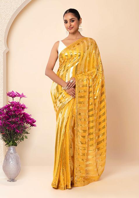 Yellow Horizontal Sequin Embroidered Saree With Blouse