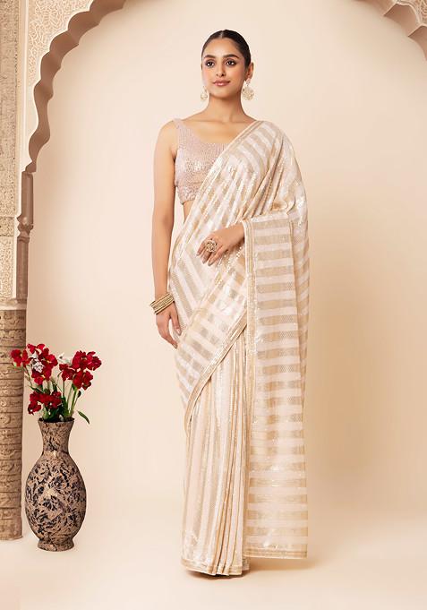 White Horizontal Sequin Embroidered Saree With Blouse
