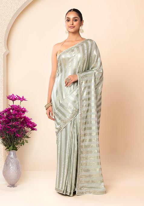 Pastel Green Horizontal Sequin Embroidered Saree With Blouse