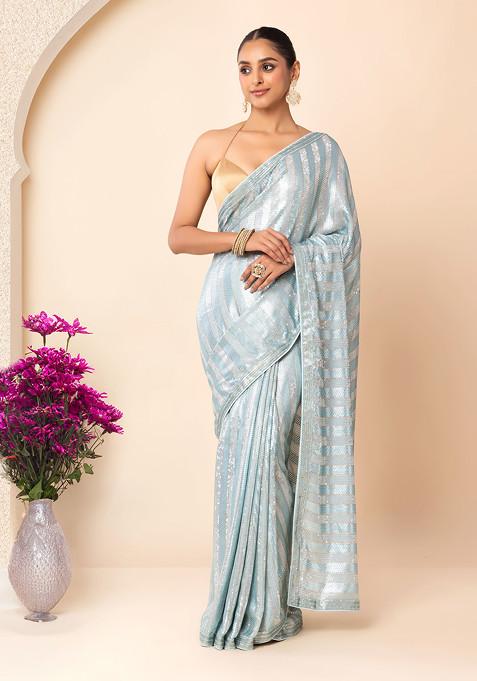 Blue Horizontal Sequin Embroidered Saree With Blouse