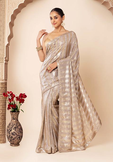 Dark Grey Horizontal Sequin Embroidered Saree With Blouse