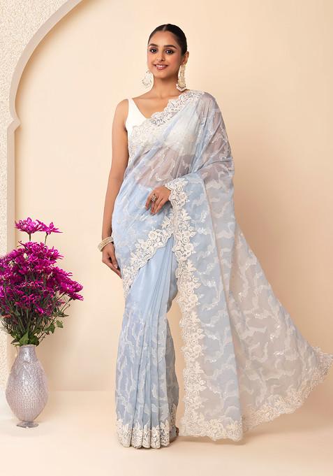 Powder Blue Floral Thread Embroidered Border Organza Saree With Blouse