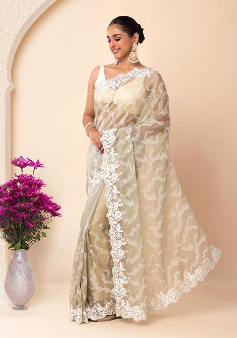 Olive Green Floral Thread Embroidered Border Organza Saree With Blouse