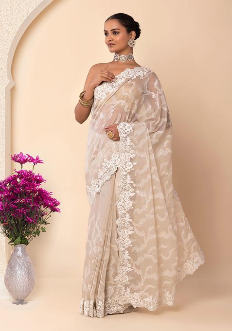 Light Grey Floral Thread Embroidered Border Organza Saree With Blouse