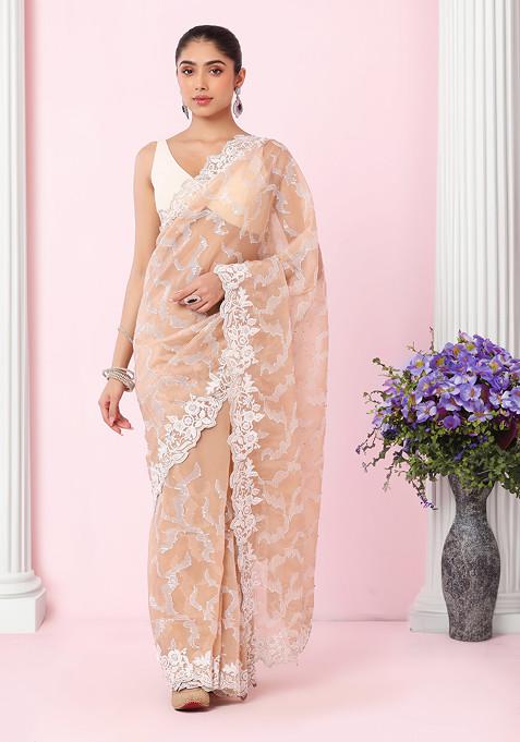 Peach Floral Thread Embroidered Border Organza Saree With Blouse