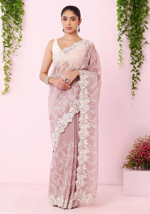 Dull Pink Floral Thread Embroidered Border Organza Saree With Blouse