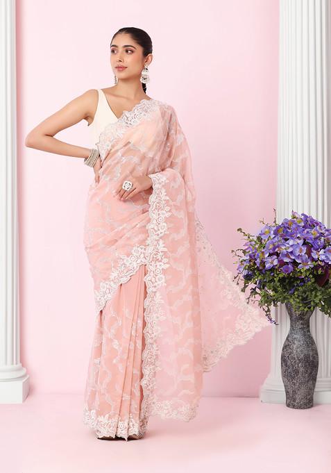 Pastel Pink Floral Thread Embroidered Border Organza Saree With Blouse
