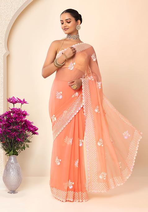 Peach Hologram Sequin Floral Boota Embroidered Saree With Blouse