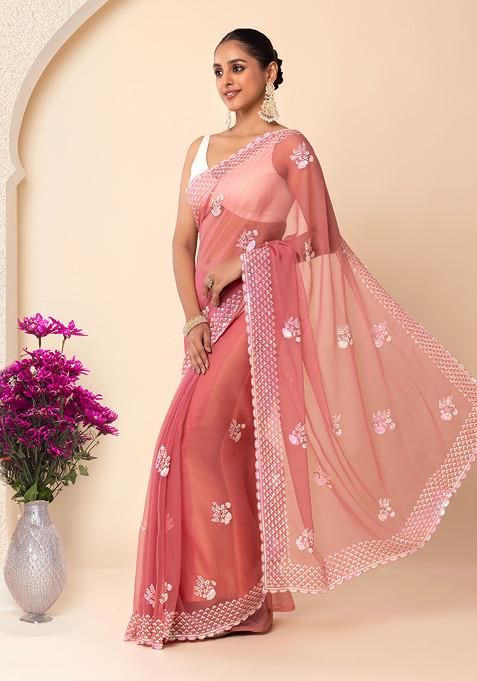 Pink Hologram Sequin Floral Boota Embroidered Saree With Blouse