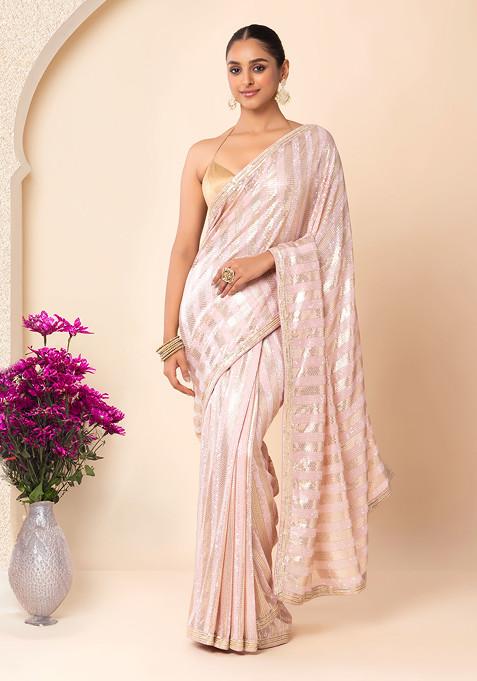 Pastel Pink Horizontal Sequin Embroidered Saree With Blouse