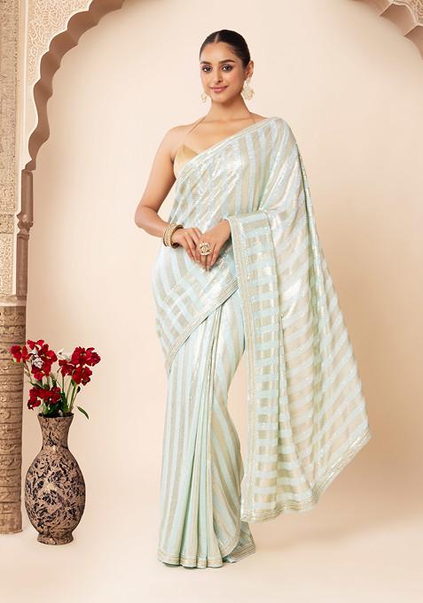 Seafoam Horizontal Sequin Embroidered Saree With Blouse