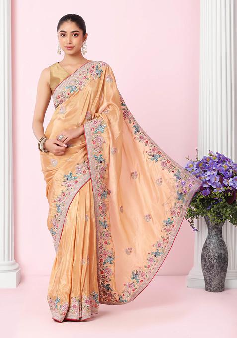 Pale Yellow Floral Boota Multicolour Thread Embroidered Saree With Blouse