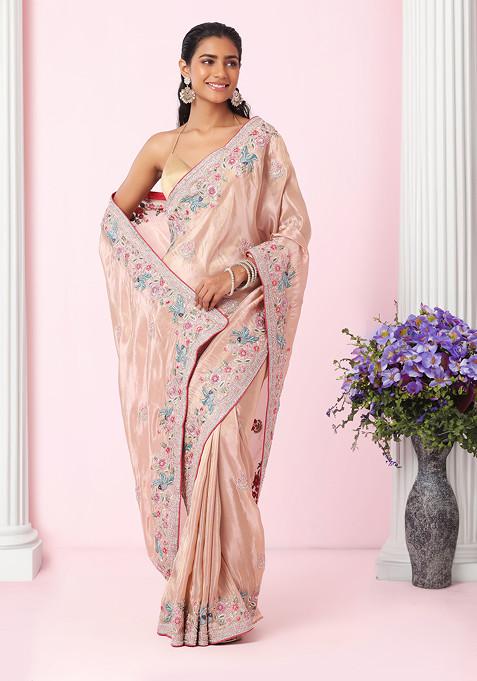 Blush Floral Boota Multicolour Thread Embroidered Saree With Blouse