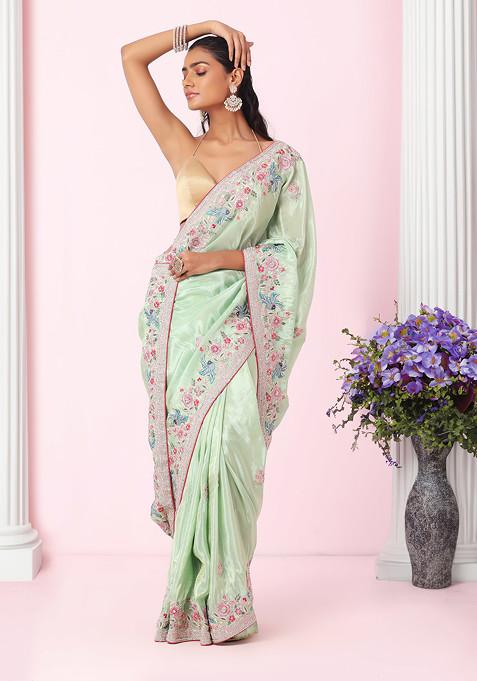 Light Green Floral Boota Multicolour Thread Embroidered Saree With Blouse