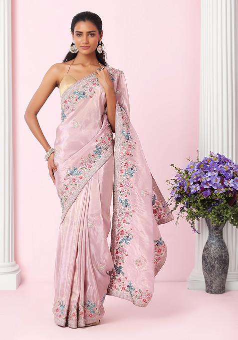 Lilac Floral Boota Multicolour Thread Embroidered Saree With Blouse