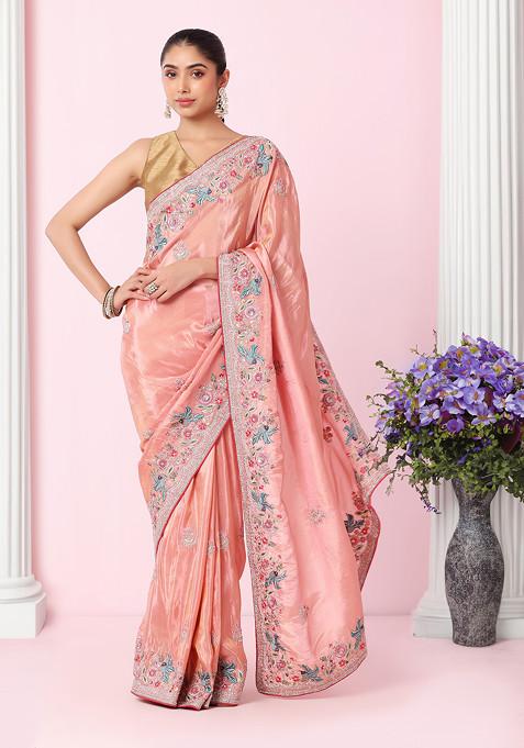 Peach Floral Boota Multicolour Thread Embroidered Saree With Blouse
