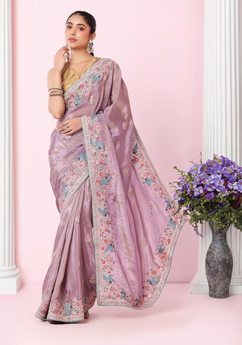 Mauve Floral Boota Multicolour Thread Embroidered Saree With Blouse