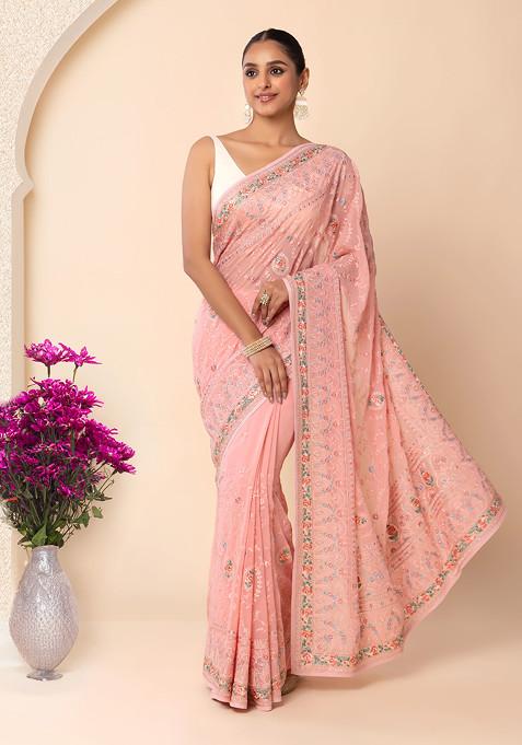 Peach Tonal Multicolour Floral Embroidered Saree With Blouse