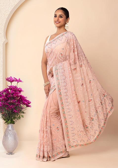 Pastel Pink Tonal Multicolour Floral Embroidered Saree With Blouse