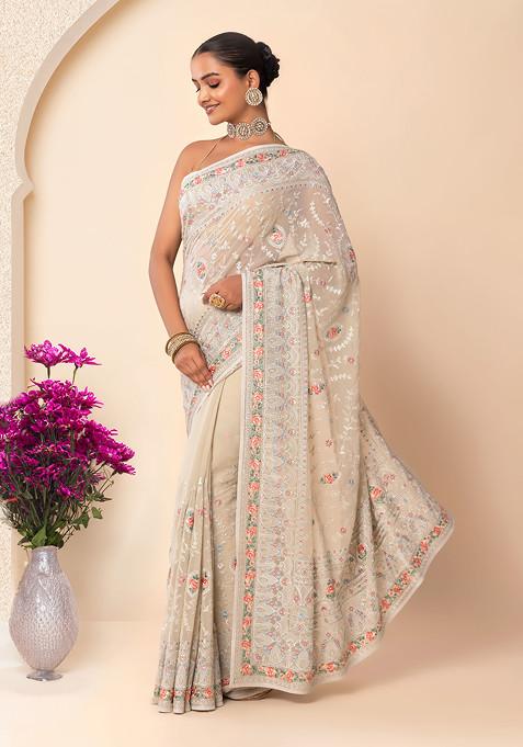 Mint Green Tonal Multicolour Floral Embroidered Saree With Blouse