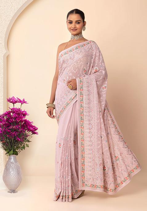 Lavender Tonal Multicolour Floral Embroidered Saree With Blouse