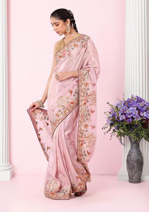 Peach Floral Thread Embroidered Tissue Organza Saree With Contrast Blouse