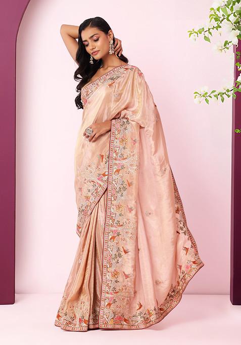 Beige Floral Thread Embroidered Tissue Organza Saree With Contrast Blouse