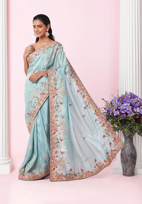 Light Blue Floral Thread Embroidered Tissue Organza Saree With Contrast Blouse