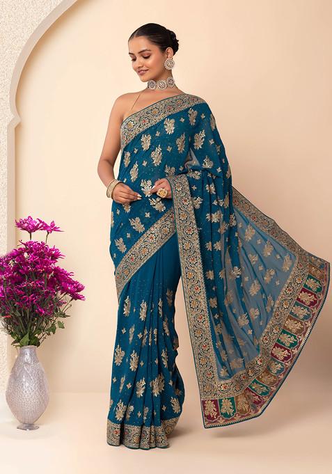 Turquoise Floral Boota Zari Embroidered Saree With Blouse