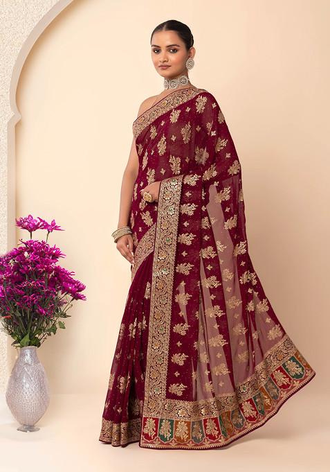 Maroon Floral Boota Zari Embroidered Saree With Blouse