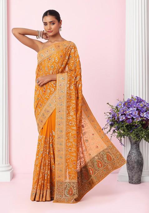 Orange Floral Paisley Zari Embroidered Saree With Blouse